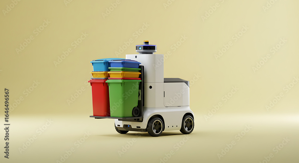 Fototapeta premium White autonomous robot transporting stacked colorful recycling bins for smart waste management and sustainability