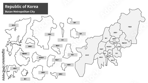 Map of Busan Metropolitan City, South Korea - Administrative Districts Vector