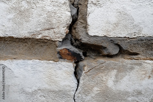 Weathered Concrete and Brick Wall: An Aged Architectural Canvas of Urban Decay and Structural Erosion with Rustic Texture and Narrow Fissures