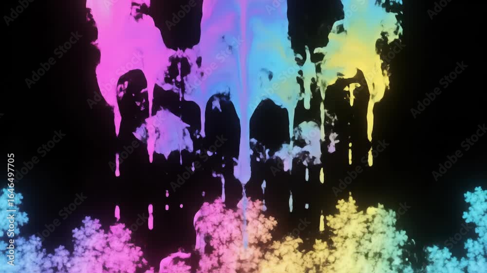 Abstract animated smiley face with vibrant rainbow colors melting effect on a black background. Surreal, artistic concept.