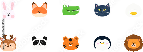 Cute Animal Faces Illustration Set. Background Free Vectors in a Kids Drawing Style.