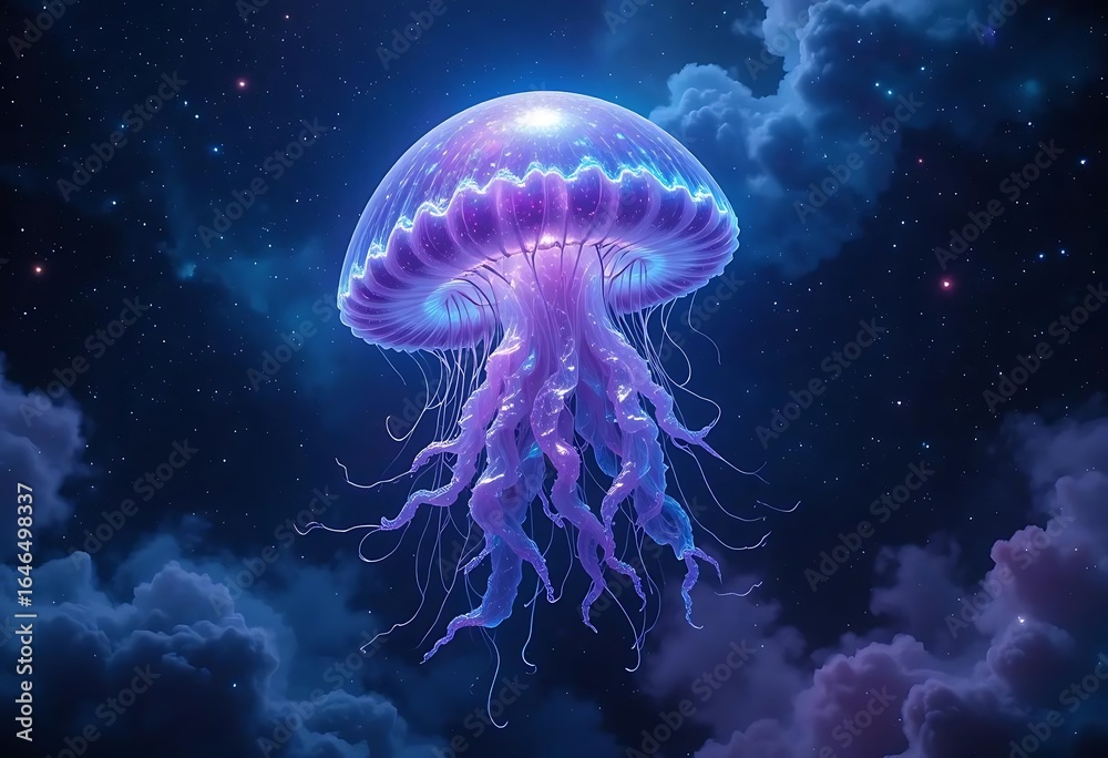 Naklejka premium Glowing jellyfish floating among cosmic clouds in a dreamy night sky