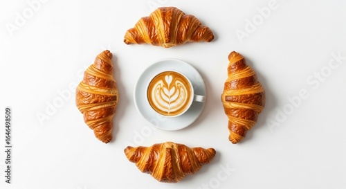 Wallpaper Mural A flat lay of fresh croissants arranged in a circle around a cup of latte with intricate latte art on a white background. Torontodigital.ca
