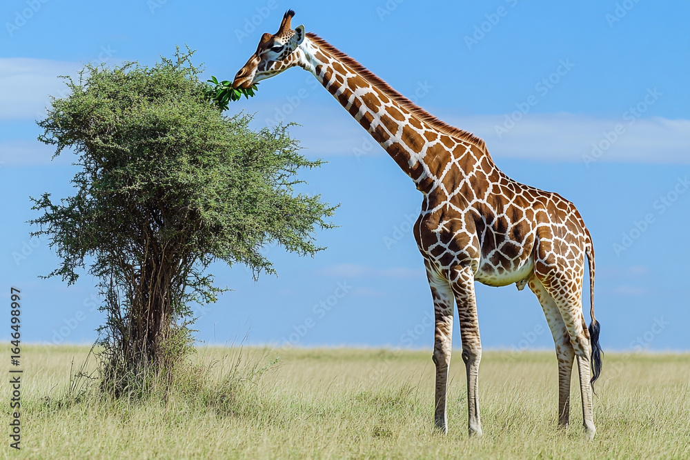 Obraz premium A majestic giraffe stretching its neck to nibble leaves from a tall acacia tree in the open plains of the African savanna.
