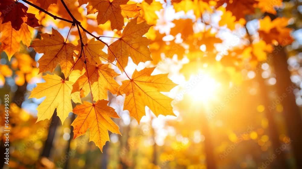 Low angle autumn forest view with golden leaves and sunlight filtering through branches creating a warm and peaceful natural environment Low angle autumn forest view with golden leaves and sunlight filtering through branches creating a warm and peaceful natural environment