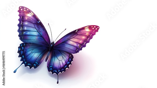 Stylized Butterfly Illustration: Iridescent Wings (Predominantly Purple & Blue with Pink, Gold), Intricate Vein Patterns, Pure White Background