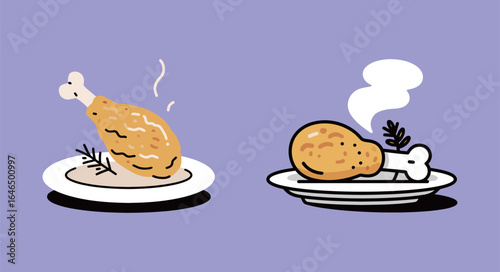 A set of two cartoon chicken drumsticks on a plate, hot and steaming, in a simple and delicious doodle illustration representing food and poultry.