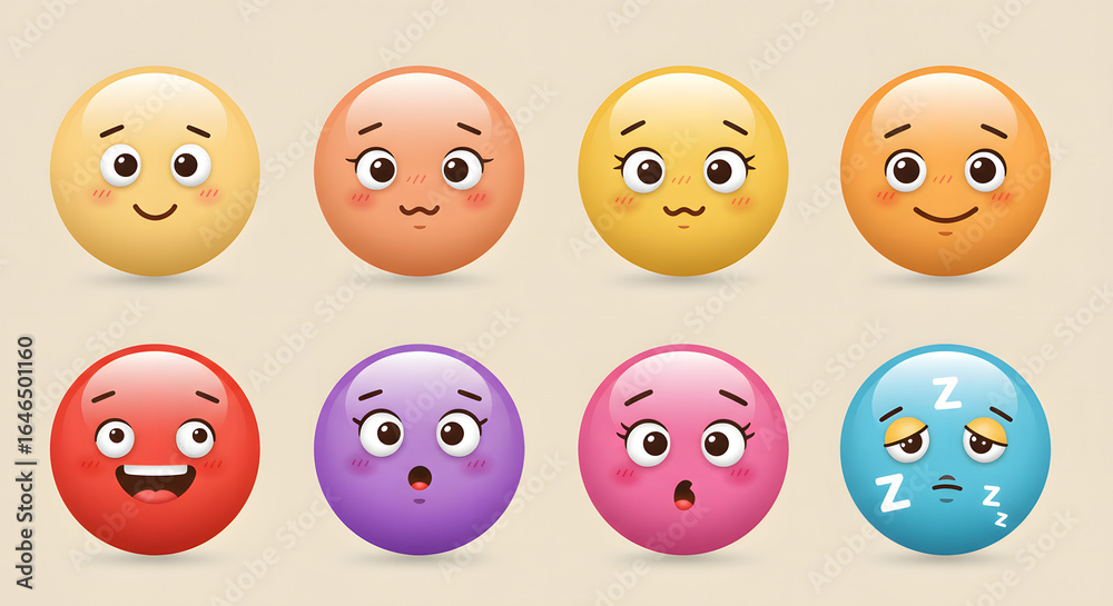 Fototapeta premium A diverse collection of cute cartoon emoticon characters with various facial expressions, showcasing a wide range of emotions.