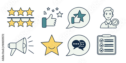 Review  set icons. Containing feedback, rating, testimonial, satisfaction, comment, opinion, like, customer, recommend and more. Solid vector icons col.