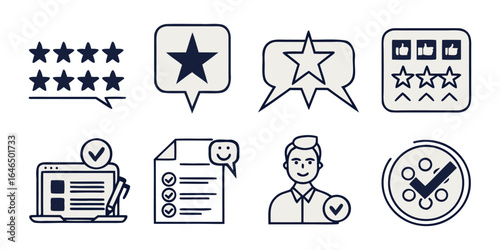 Review  set icons. Containing feedback, rating, testimonial, satisfaction, comment, opinion, like, customer, recommend and more. Solid vector icons col.