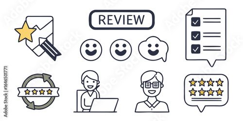 Review  set icons. Containing feedback, rating, testimonial, satisfaction, comment, opinion, like, customer, recommend and more. Solid vector icons col.