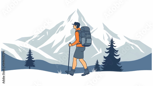 Person hiking in the mountains flat vector illustration
