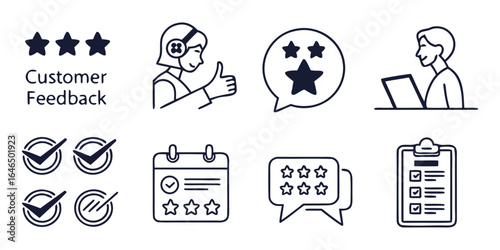 Review  set icons. Containing feedback, rating, testimonial, satisfaction, comment, opinion, like, customer, recommend and more. Solid vector icons col.