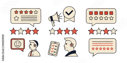 Review  set icons. Containing feedback, rating, testimonial, satisfaction, comment, opinion, like, customer, recommend and more. Solid vector icons col.