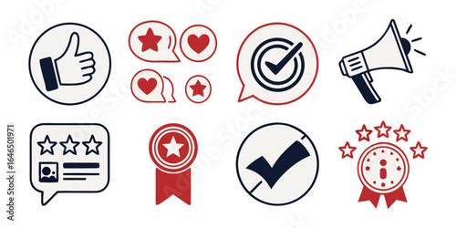 Review  set icons. Containing feedback, rating, testimonial, satisfaction, comment, opinion, like, customer, recommend and more. Solid vector icons col.