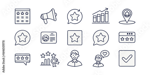 Review  set icons. Containing feedback, rating, testimonial, satisfaction, comment, opinion, like, customer, recommend and more. Solid vector icons col.