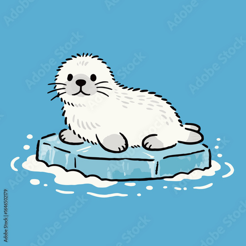 A cute cartoon baby seal sitting on a piece of ice, in a simple doodle illustration on a blue background, representing arctic animals and nature.