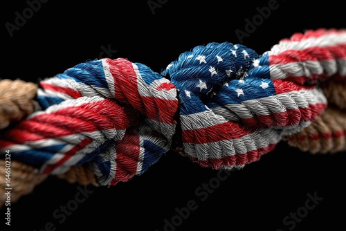 Post Tariff Market Turbulence, UK and US flag ropes tied in symbolic knot, macro detail visualizing trade tension, diplomatic strain, and economic policy instability in global regulatory market