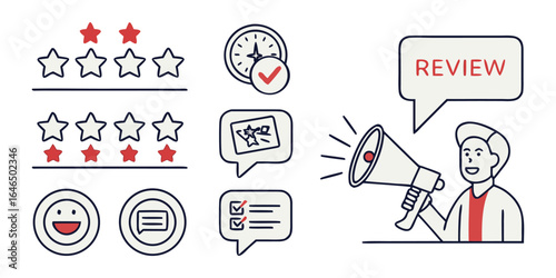 Review  set icons. Containing feedback, rating, testimonial, satisfaction, comment, opinion, like, customer, recommend and more. Solid vector icons col.