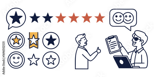 Review  set icons. Containing feedback, rating, testimonial, satisfaction, comment, opinion, like, customer, recommend and more. Solid vector icons col.