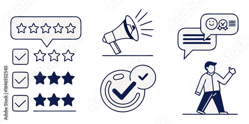 Review  set icons. Containing feedback, rating, testimonial, satisfaction, comment, opinion, like, customer, recommend and more. Solid vector icons col.