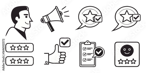 Review  set icons. Containing feedback, rating, testimonial, satisfaction, comment, opinion, like, customer, recommend and more. Solid vector icons col.
