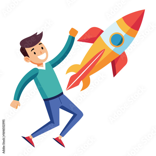 man holding on to a launched rocket