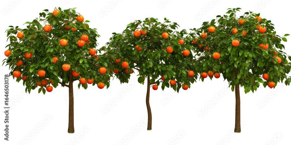 Fototapeta premium Three Lush Orange Trees Laden with Ripe Fruit Against White Sky, cut out transparent