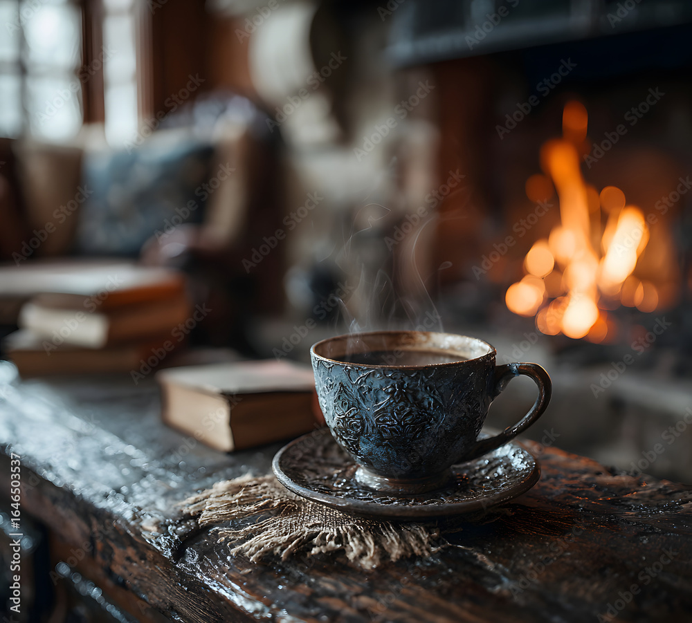Fototapeta premium hot coffee near fireplace
