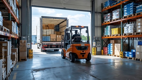 Forklift operator loading and unloading goods from a truck inside a brightly lit modern warehouse with stacked inventory on shelves