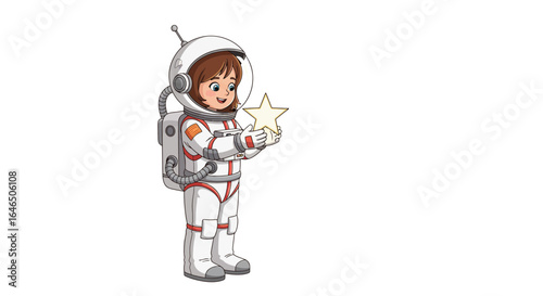 Cute cartoon girl astronaut in a spacesuit holding a glowing star, symbolizing space exploration, dreams, and childhood wonder.