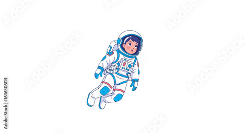 Illustration of a cute kid astronaut in a spacesuit floating against a white background. Anime style space explorer character design.