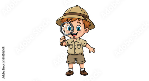 Adorable cartoon kid in safari attire, enthusiastically holding a magnifying glass, symbolizing curiosity, learning, and the spirit of exploration.