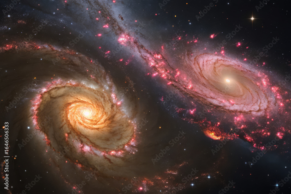 Fototapeta premium Cosmic Collision of Two Spiral Galaxies with Visible Shock Waves, Galactic Merger Astronomy Art