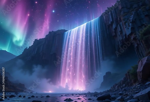 Wallpaper Mural Magical glowing waterfall under vibrant aurora lights in a surreal fantasy night landscape Torontodigital.ca