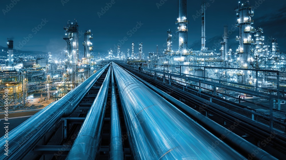 Fototapeta premium Double exposure of oil refinery and pipelines with a technology concept. Industrial and innovation theme. High quality