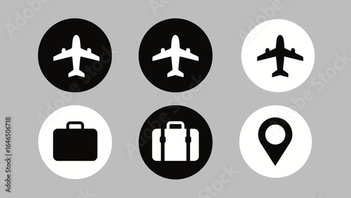 Vector graphic set of circular travel and transport icons. Features airplane, flight, luggage, and location pin symbols for web and app design.