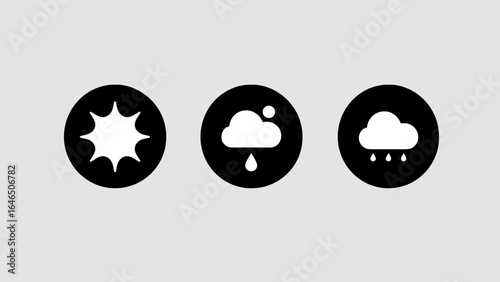 Monochrome weather icon set of sun, rain, and clouds. Minimalist vector glyphs for web and mobile user interface design. imgi_29_117a474a1ee34adf82d32fcebf8359bd