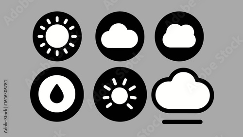 Simple monochrome weather forecast icon set. A collection of modern, circular symbols including sun, cloud, rain, and fog for web or app interface design.