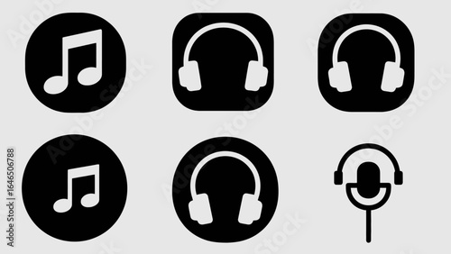 Collection of essential graphic interface icons for audio, music, and communication applications, featuring headphones, musical notes, and microphone symbols.