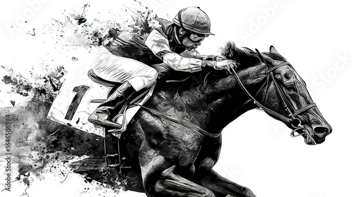 Generative AI, Ink painted racing horse with jockey, equestrian sport, monochrome illustration. High quality