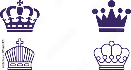 Four Decorative Purple Crown Variations for Royalty or Embellishments Intricate Designs Suitable for Logos Heraldry Insignias or Symbolic Representations of Regal Power