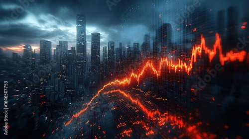 Cityscape with skyscrapers under a stormy sky and a red downward trend line.