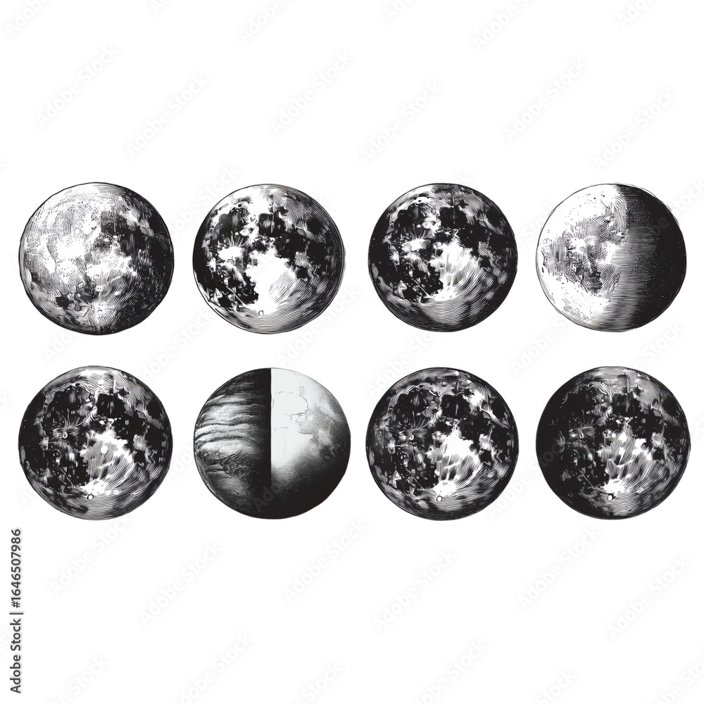 Obraz premium Phases of the moon displayed in a striking monochrome style.