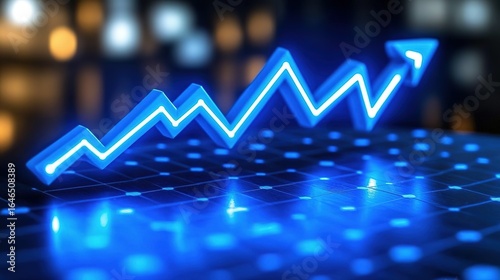 Blue arrow pointing upwards on a dark surface with bokeh lights.