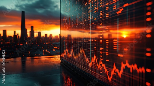 City skyline with water reflection overlaid with financial chart and sunset sky.