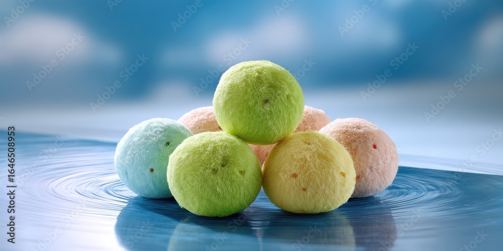 Colorful Soft Plush Balls Arrangement on Calm Blue Surface with Sky Background Colorful Soft Plush Balls Arrangement on Calm Blue Surface with Sky Background