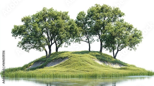 Small grassy hill with trees reflected in water against a white background.