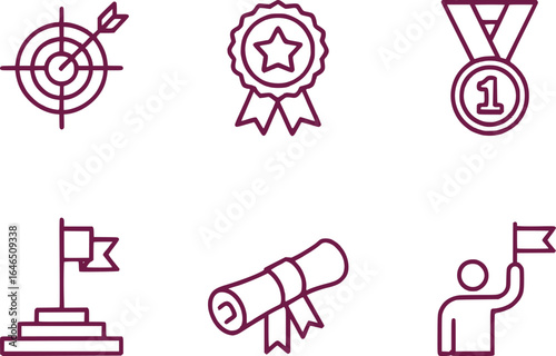 Achievement and Success Icons Representing Accomplishments Awards and Academic Success Featuring a Variety of Symbolic Representations of Reaching Goals