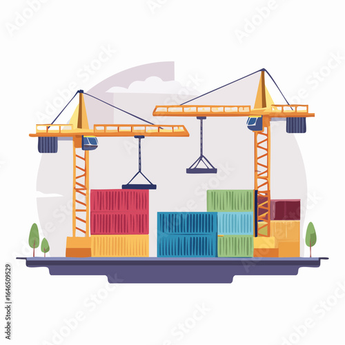 Illustrated scene of cranes lifting and stacking colorful cargo containers at a port.